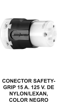 CONECTOR SAFETY-GRIP 15 A. 125 V. DE NYLON/LEXAN, COLOR NEGRO