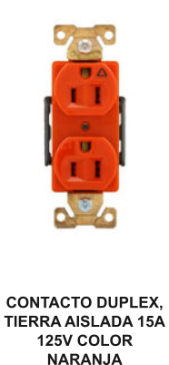 CONTACTO DUPLEX, TIERRA AISLADA 15A 125V COLOR NARANJA