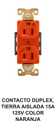 CONTACTO DUPLEX, TIERRA AISLADA 15A 125V COLOR NARANJA