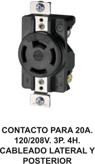 CONTACTO PARA 20A. 120/208V. 3P. 4H. CABLEADO LATERAL Y POSTERIOR