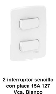 2 interruptor sencillo con placa 15A 127 Vca. Blanco